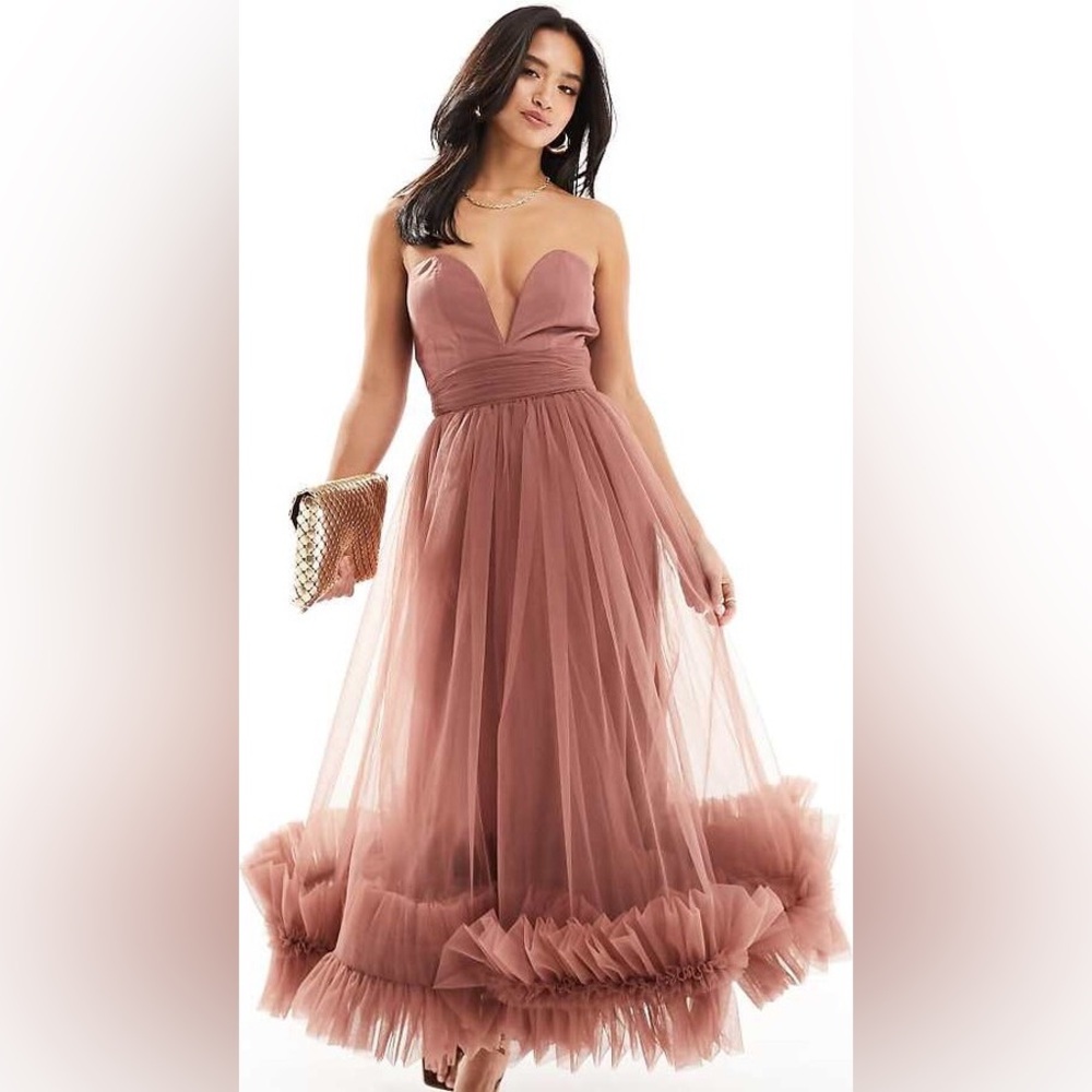Lace & Beads Petite corset tulle ruffle hem midaxi dress in rose brown - Picture 4 of 4